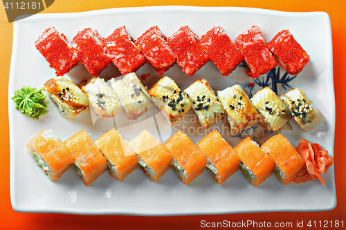 Image of Different sushi rolls above view