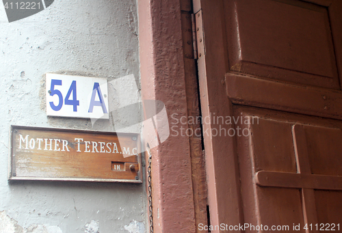 Image of Sign on the entrance to Mother House, the residence of Mother Teresa in Kolkata, West Bengal, India