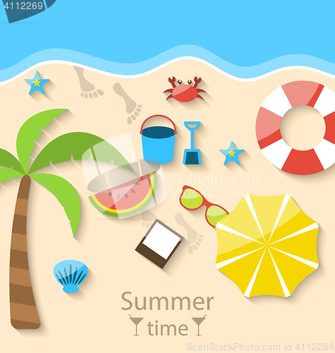 Image of Summer time with flat set colorful simple icons on the beach