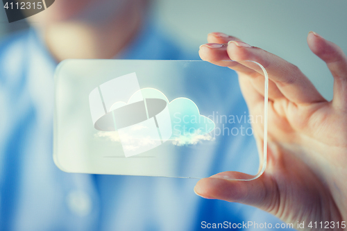 Image of close up of woman with transparent smartphone