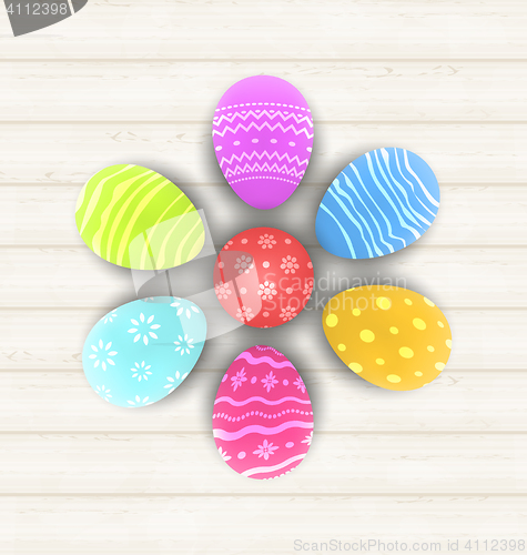 Image of Easter set painted eggs on wooden texture