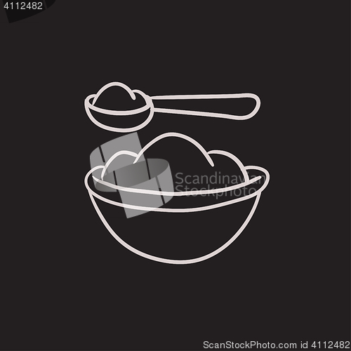 Image of Baby spoon and bowl full of meal sketch icon.