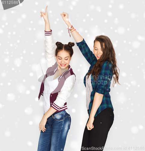 Image of happy smiling pretty teenage girls dancing