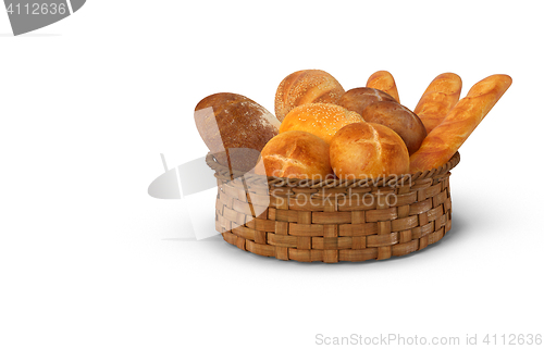 Image of A basket of white bread and rolls. 3D rendering.