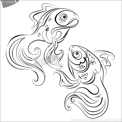 Image of Illustration of two stylized Golden fish with no fill color
