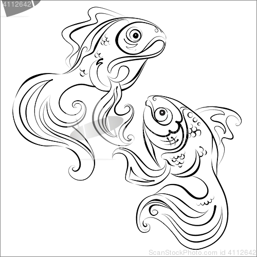 Image of Illustration of two stylized Golden fish with no fill color