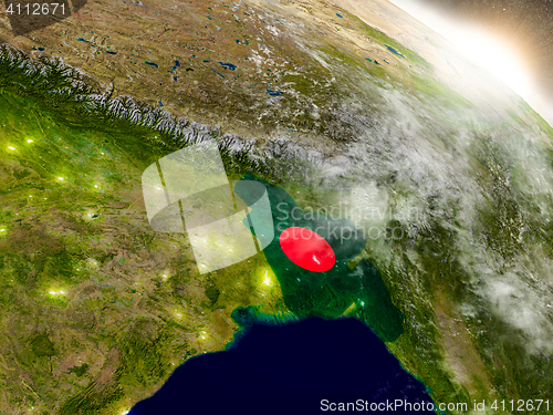 Image of Bangladesh with flag in rising sun