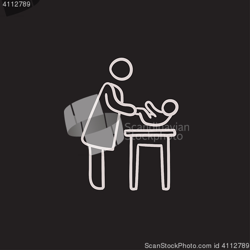 Image of Mother taking care of baby sketch icon.