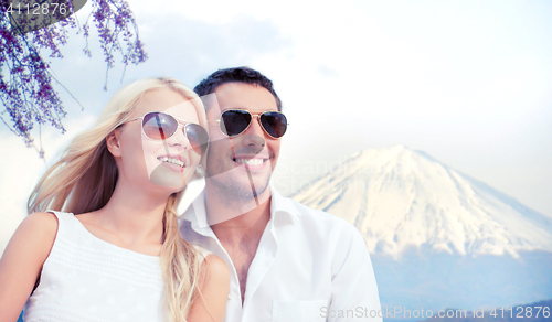 Image of happy couple over fuji mountain in japan