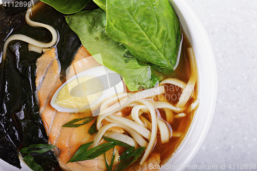 Image of Fish ramen soup above view