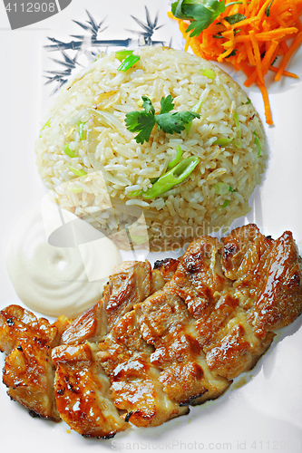 Image of Grilled pork with rice above view