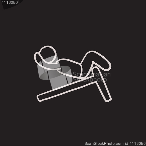 Image of Man doing crunches on incline bench sketch icon.