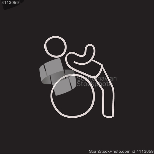 Image of Man doing exercises lying on gym ball sketch icon.