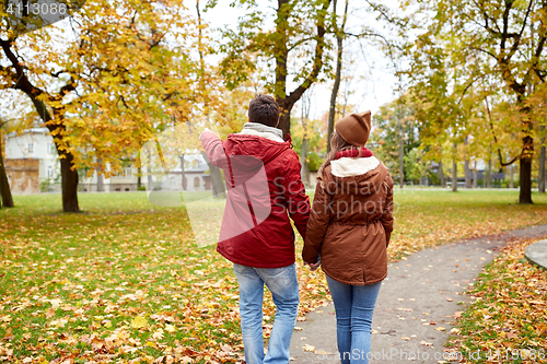 Image of happy young couple walking in autumn park