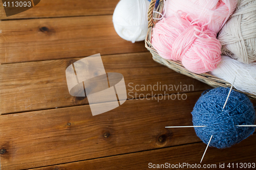 Image of basket with knitting needles and balls of yarn