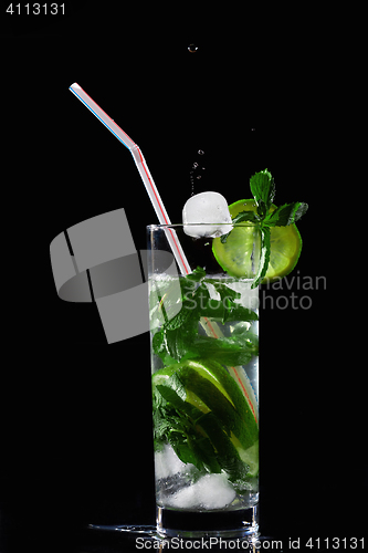 Image of Ice-cube falling into mojito cocktail