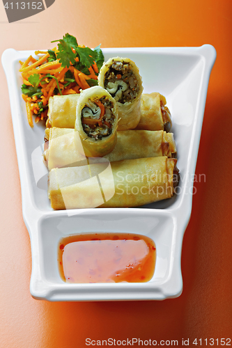 Image of Seafood spring rolls in a plate