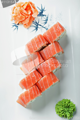 Image of Tuna roll on a plate above view