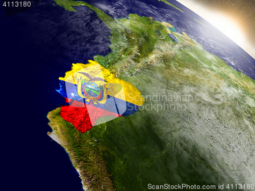 Image of Ecuador with flag in rising sun