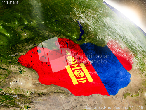 Image of Mongolia with flag in rising sun