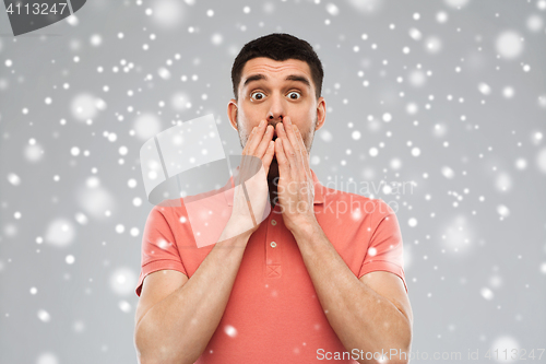 Image of scared man in white t-shirt over snow