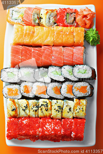 Image of Various sushi rolls above view