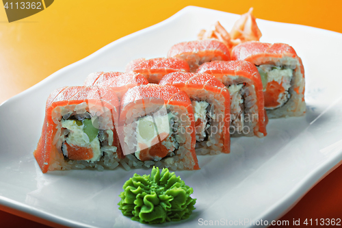 Image of Tuna roll on a plate closeup