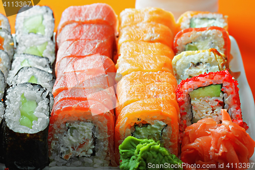 Image of Various sushi rolls closeup