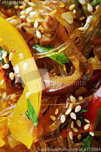 Image of Vegetables and meat with rice noodles