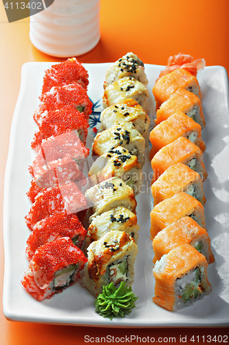 Image of Set of sushi rolls and saucer