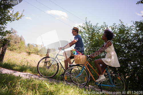 Image of Young multiethnic couple having a bike ride in nature