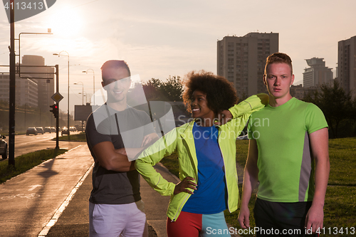 Image of portrait multiethnic group of people on the jogging