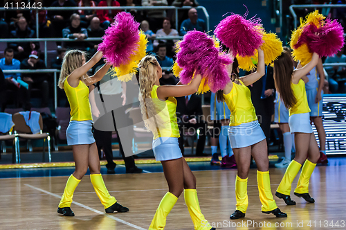 Image of Girl Cheerleading appear on stage Match of the Euroleague Basketball FIBA womens \"Nadezhda\" (Orenburg region) - \"Imos Brno\" (Czech Republic)
