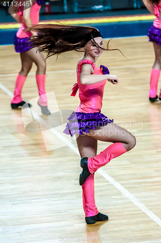 Image of Girl Cheerleading appear on stage Match of the Euroleague Basketball FIBA womens \"Nadezhda\" (Orenburg region) - \"Imos Brno\" (Czech Republic)