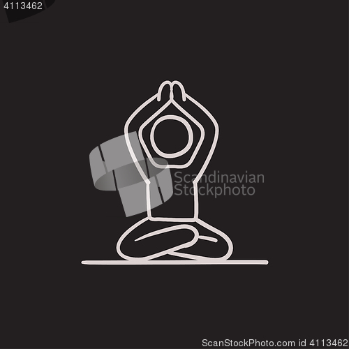 Image of Man meditating in lotus pose sketch icon.