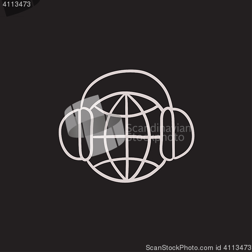 Image of Globe in headphones sketch icon.