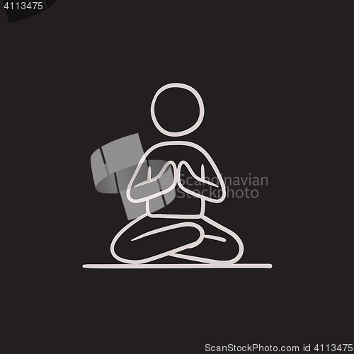 Image of Man meditating in lotus pose sketch icon.