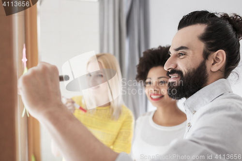 Image of happy creative team writing on stickers at office