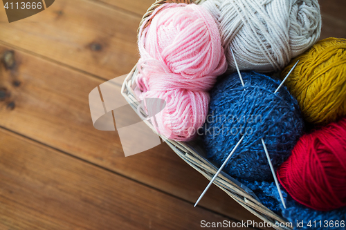 Image of basket with knitting needles and balls of yarn