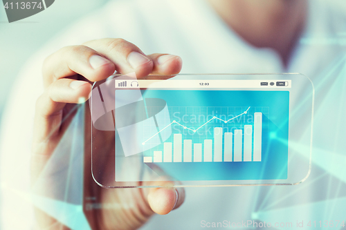 Image of close up of male hand with chart on smartphone