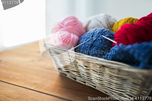 Image of basket with knitting needles and balls of yarn