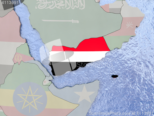 Image of Yemen with flag on globe