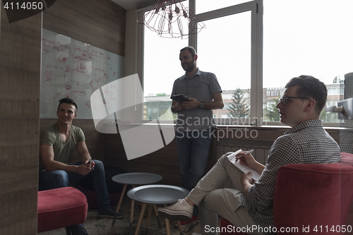 Image of team meeting and brainstorming in small private office