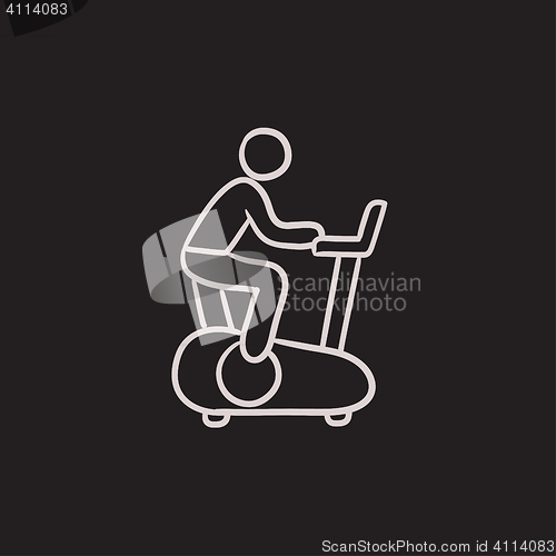 Image of Man training on exercise bike sketch icon.
