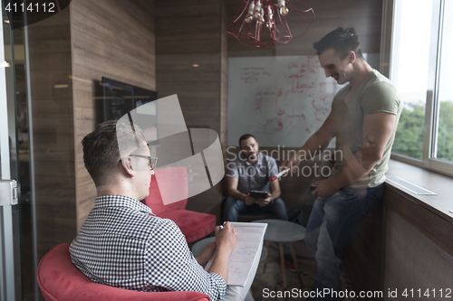 Image of team meeting and brainstorming in small private office