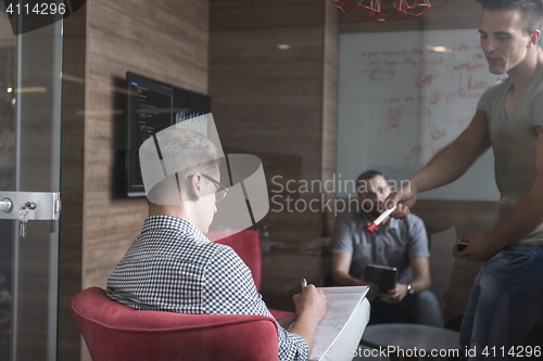 Image of team meeting and brainstorming in small private office