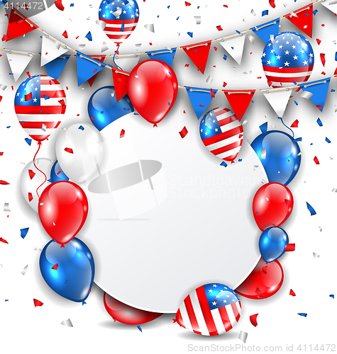 Image of Celebration Card for American Holidays, Colorful Bunting, Balloons and Confetti