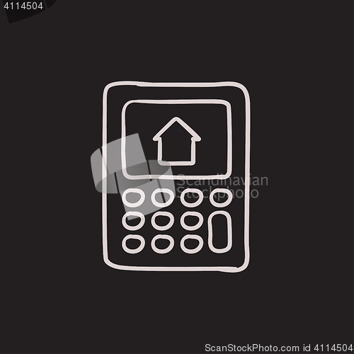 Image of Calculator with house on display sketch icon.