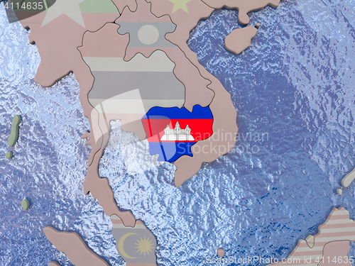 Image of Cambodia with flag on globe