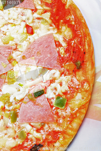 Image of Ham pizza on plate closeup